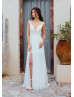 Ivory Lace Chiffon Slit V Back Wedding Dress